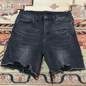 Women's Distressed Black Denim Jean Shorts with Frayed Hem